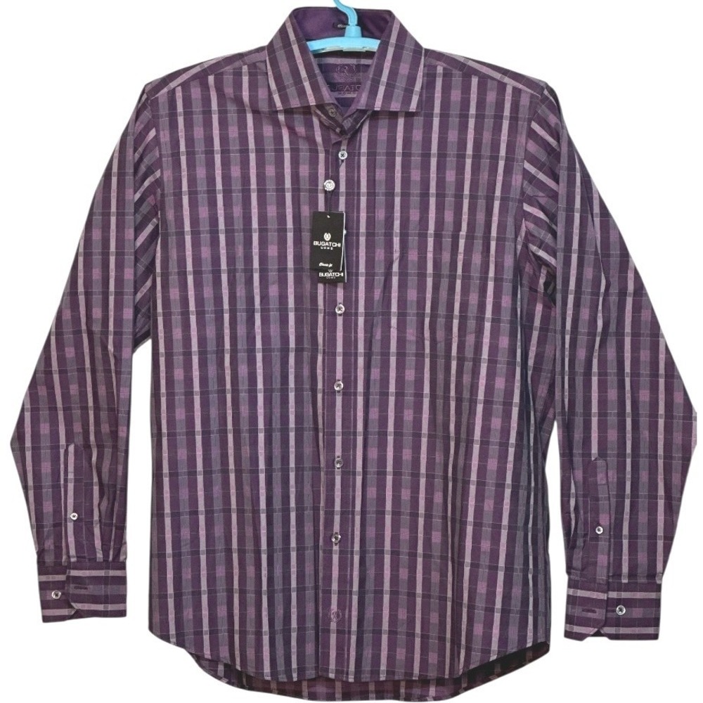 Bugatchi‎ Uomo Mens Shirt Classic Fit Plum Plaid Polished Smart Modern Casual L